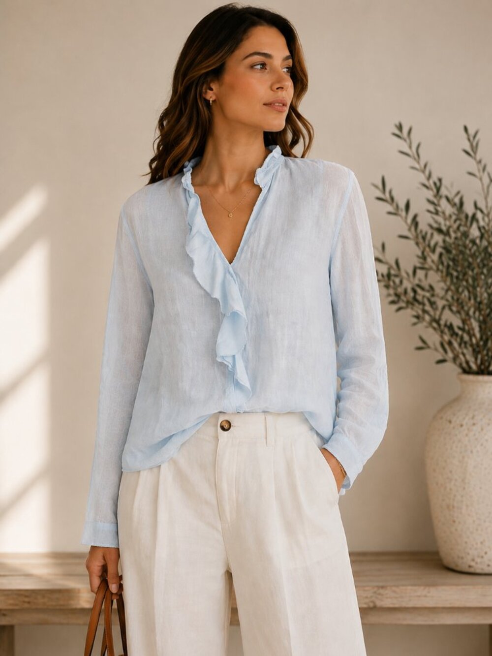 Elie Tahari Light Blue 100% Ramie Ruffle High Low Blouse Size L